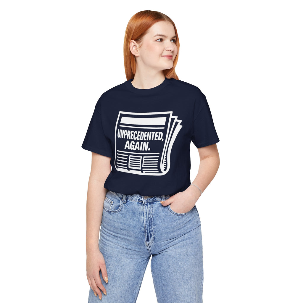Unprecedented Again tee— Navy  - accent — angled lifestyle
