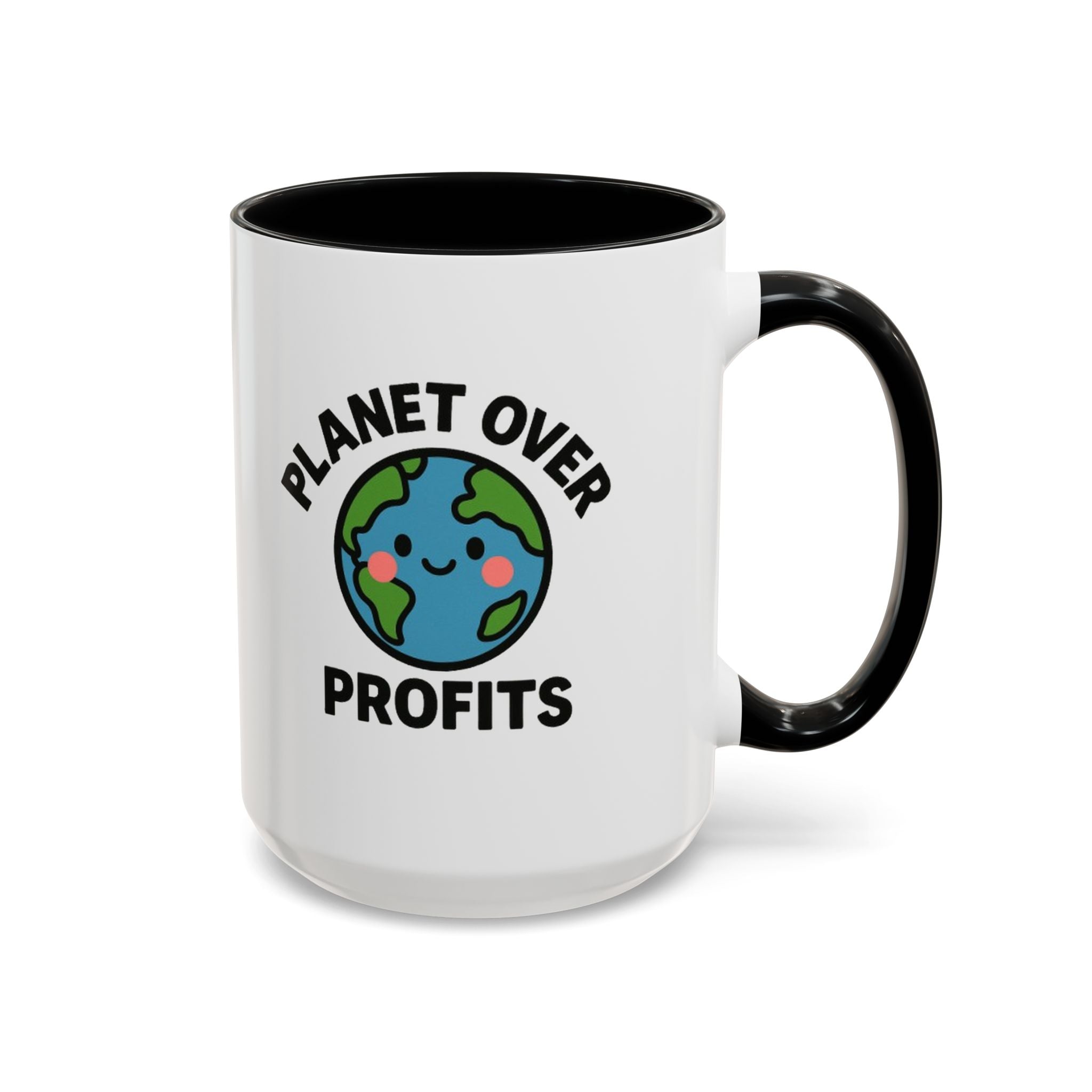 Planet Over Profits mug — 15oz — Black - accent — angled flat lay
