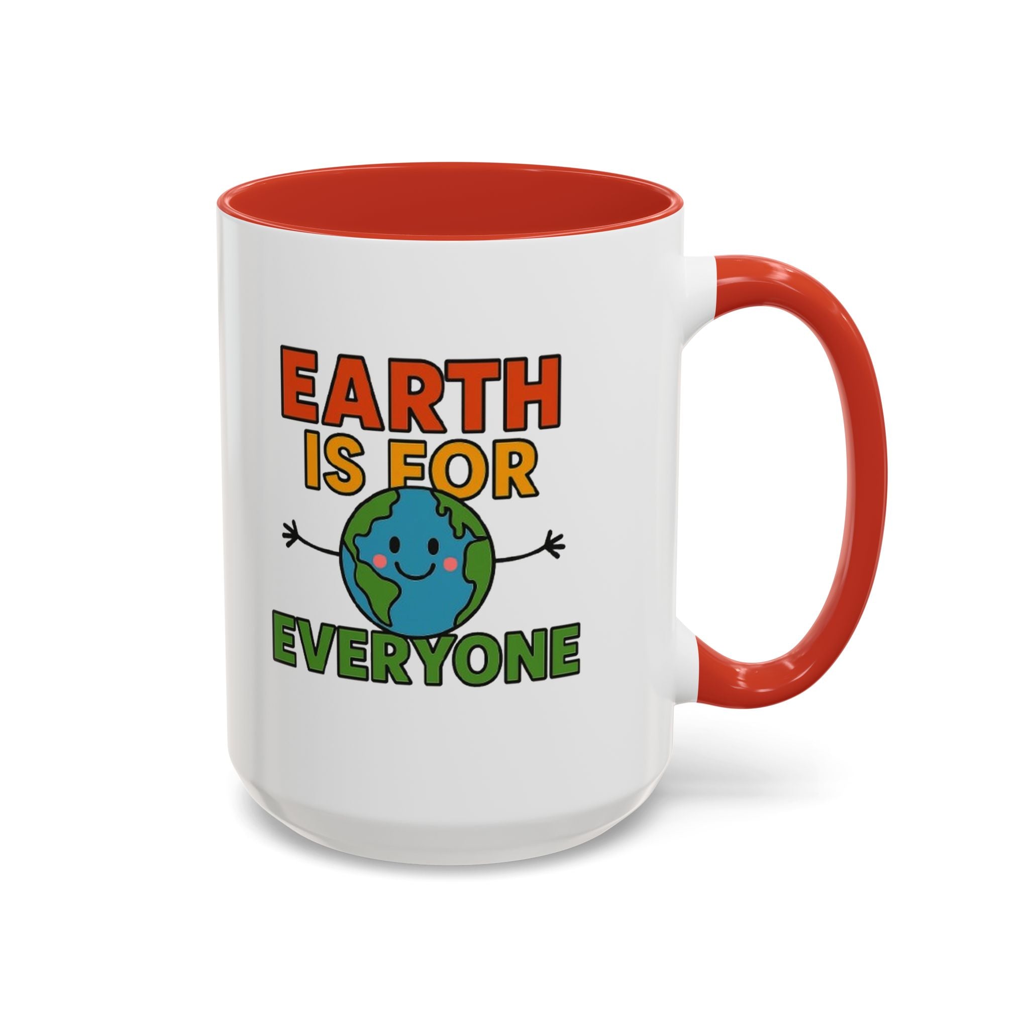 Earth is for Everyone  — 15oz — Red - accent — angled flat lay