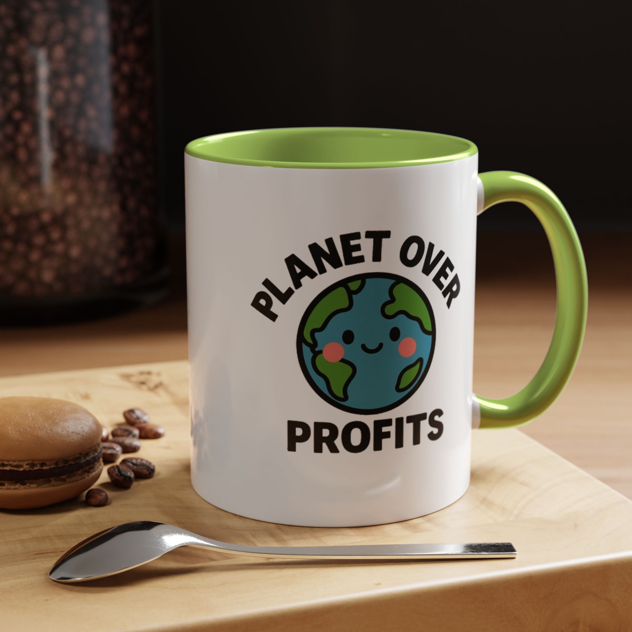 Planet Over Profits mug — 11oz — Light Green - accent — angled lifestyle
