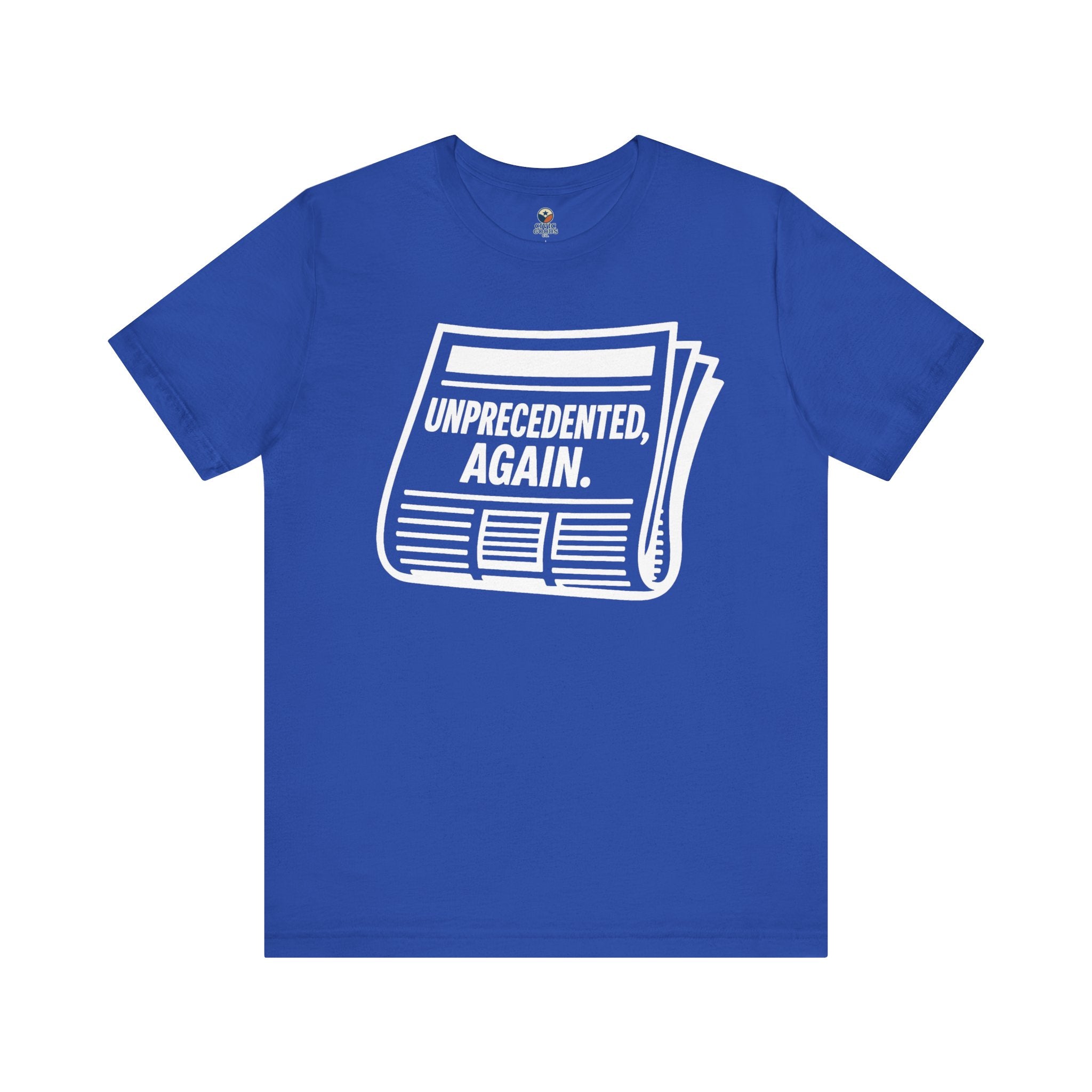 Unprecedented Again tee — True Royal - accent — angled flat lay
