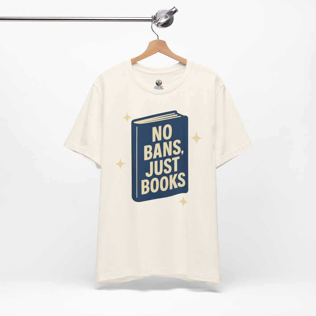 No Bans, Just Books tee  — Natural- accent — angled hanging
