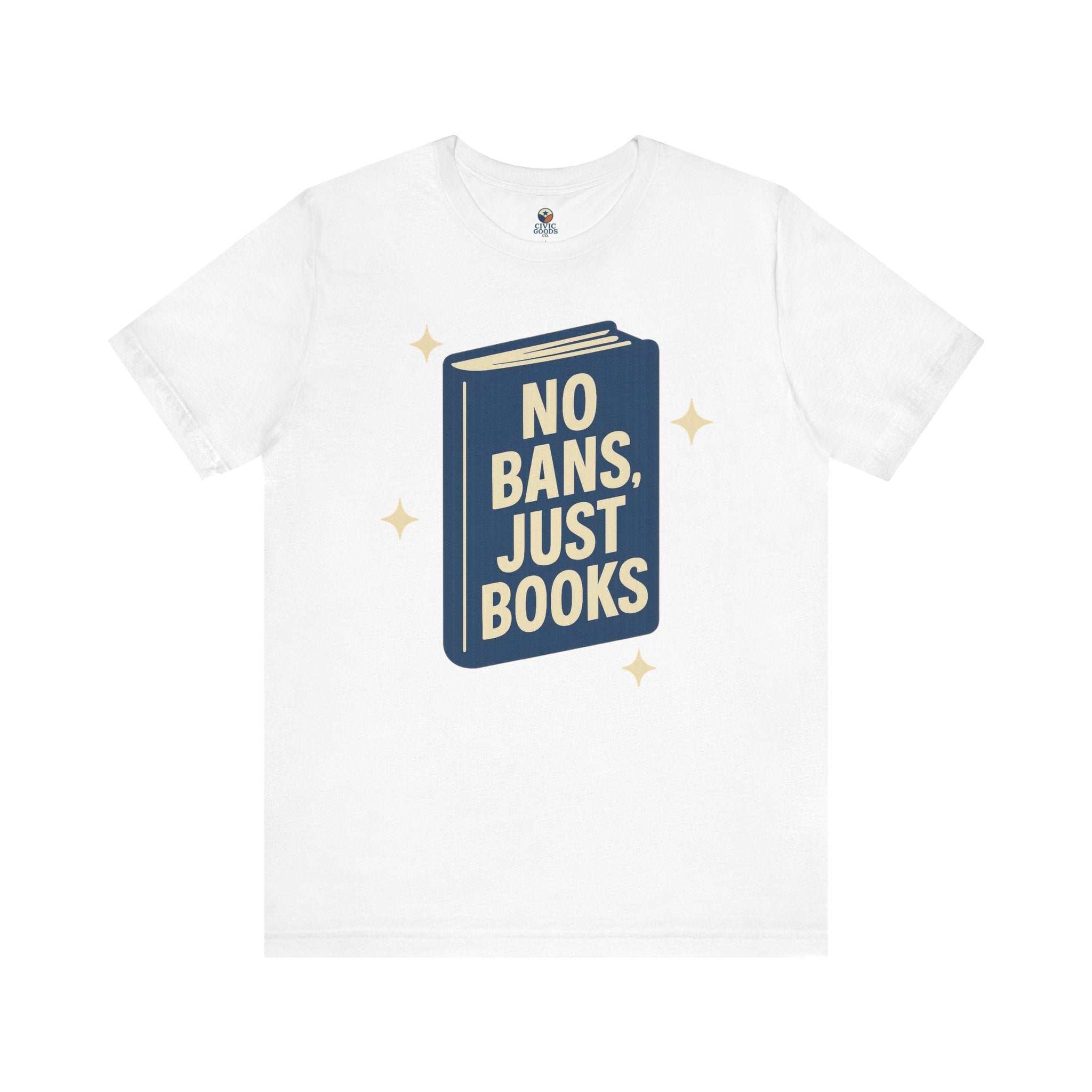 No Bans, Just Books tee — White - accent — angled flat lay
