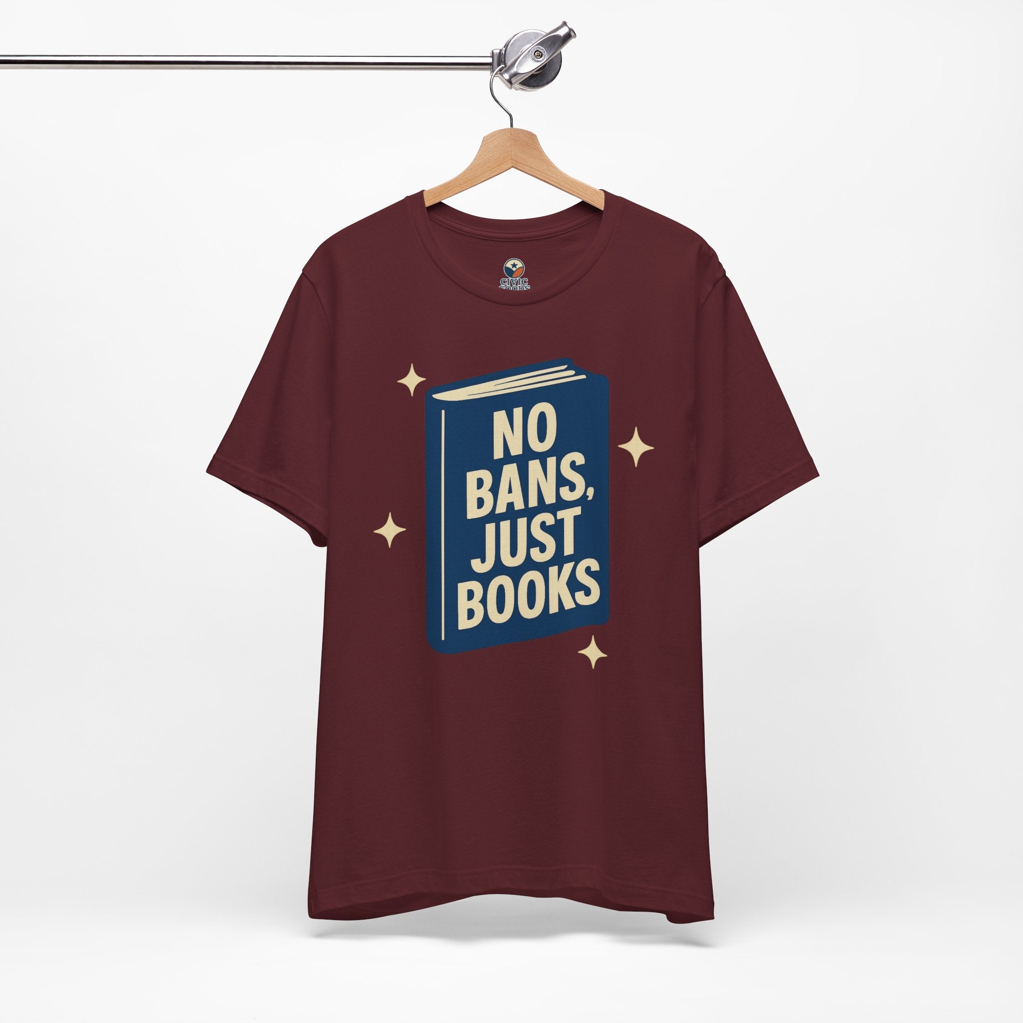 No Bans, Just Books tee — Maroon  - accent — angled hanging
