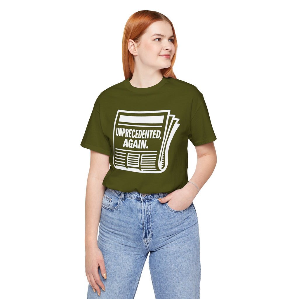 Unprecedented Again tee — Olive  - accent — angled lifestyle
