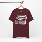 Unprecedented Again tee— Maroon  - accent — angled hanging
