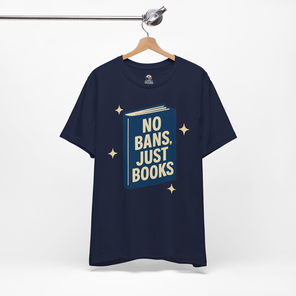 No Bans, Just Books tee — Navy  - accent — angled hanging
