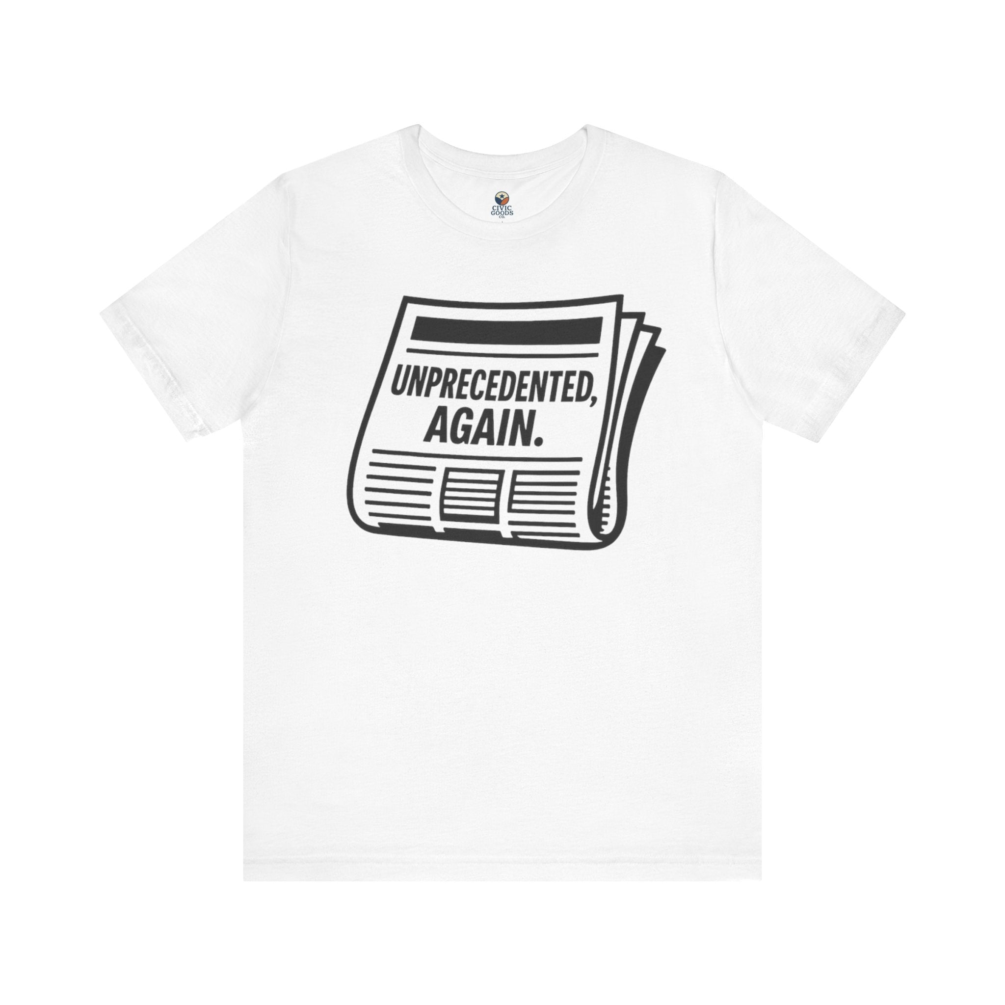 Unprecedented Again tee— White - accent — angled flat lay
