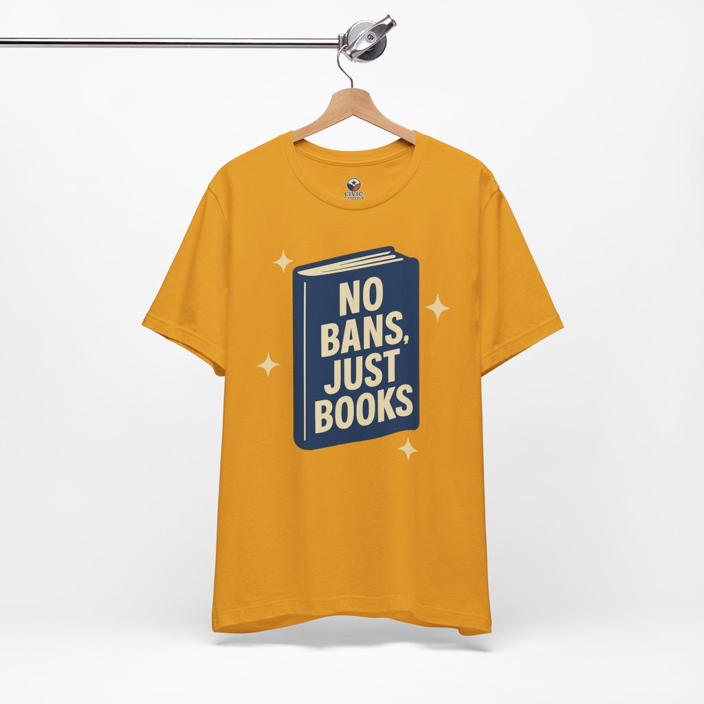 No Bans, Just Books tee — Mustard  - accent — angled hanging
