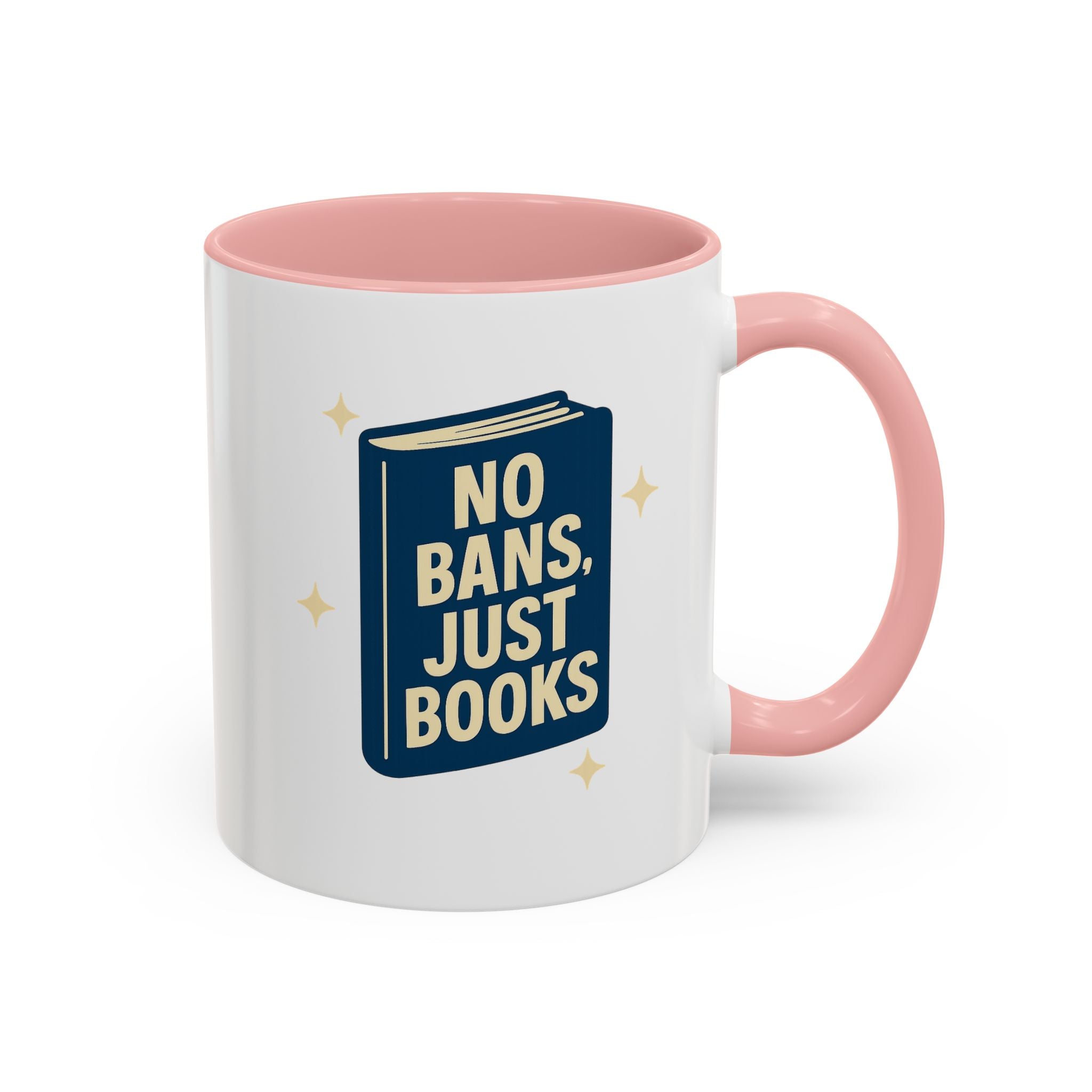 No Bans, Just Books  — 11oz — Pink - accent — angled flat lay