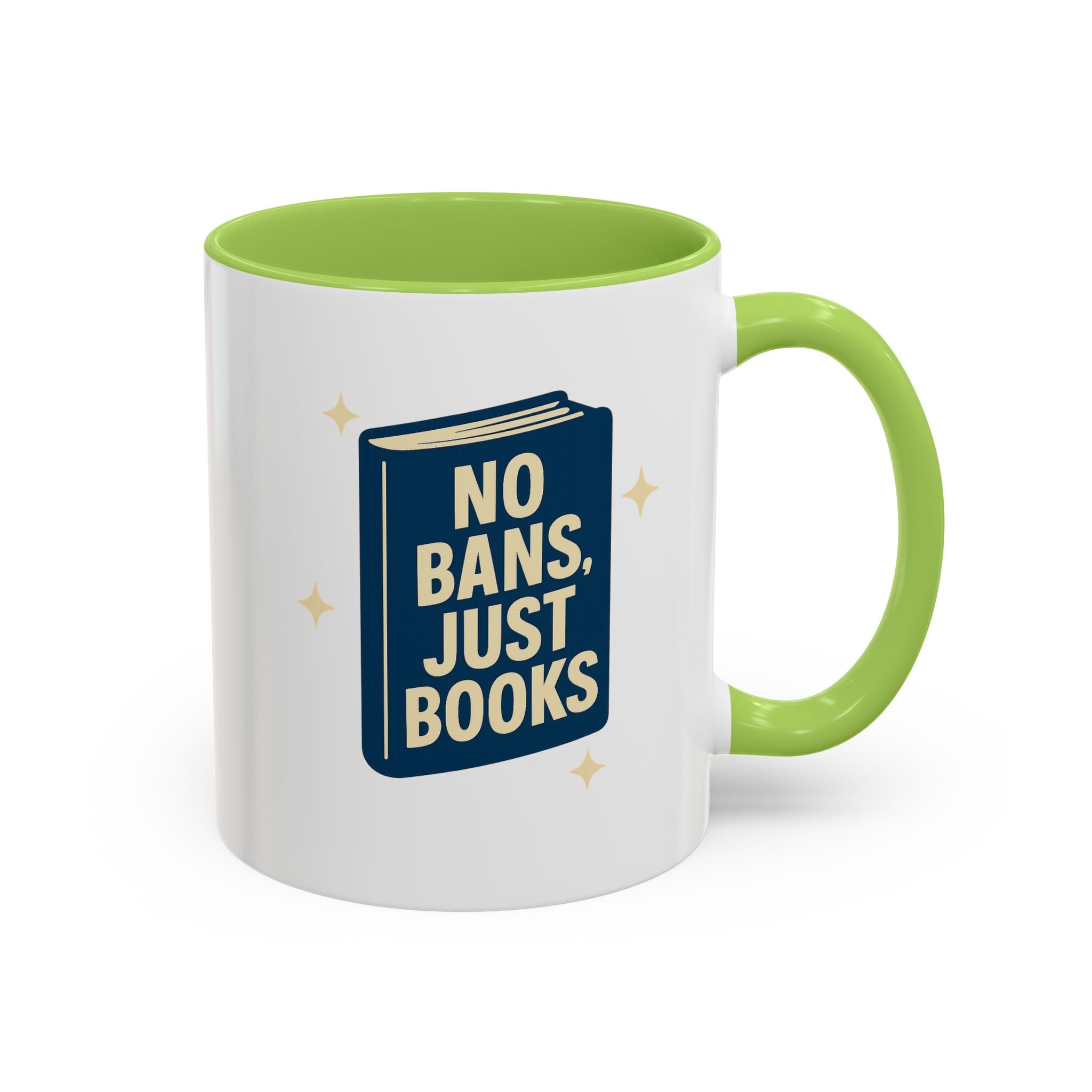 No Bans, Just Books — 11oz — Light Green - accent — angled flat lay
