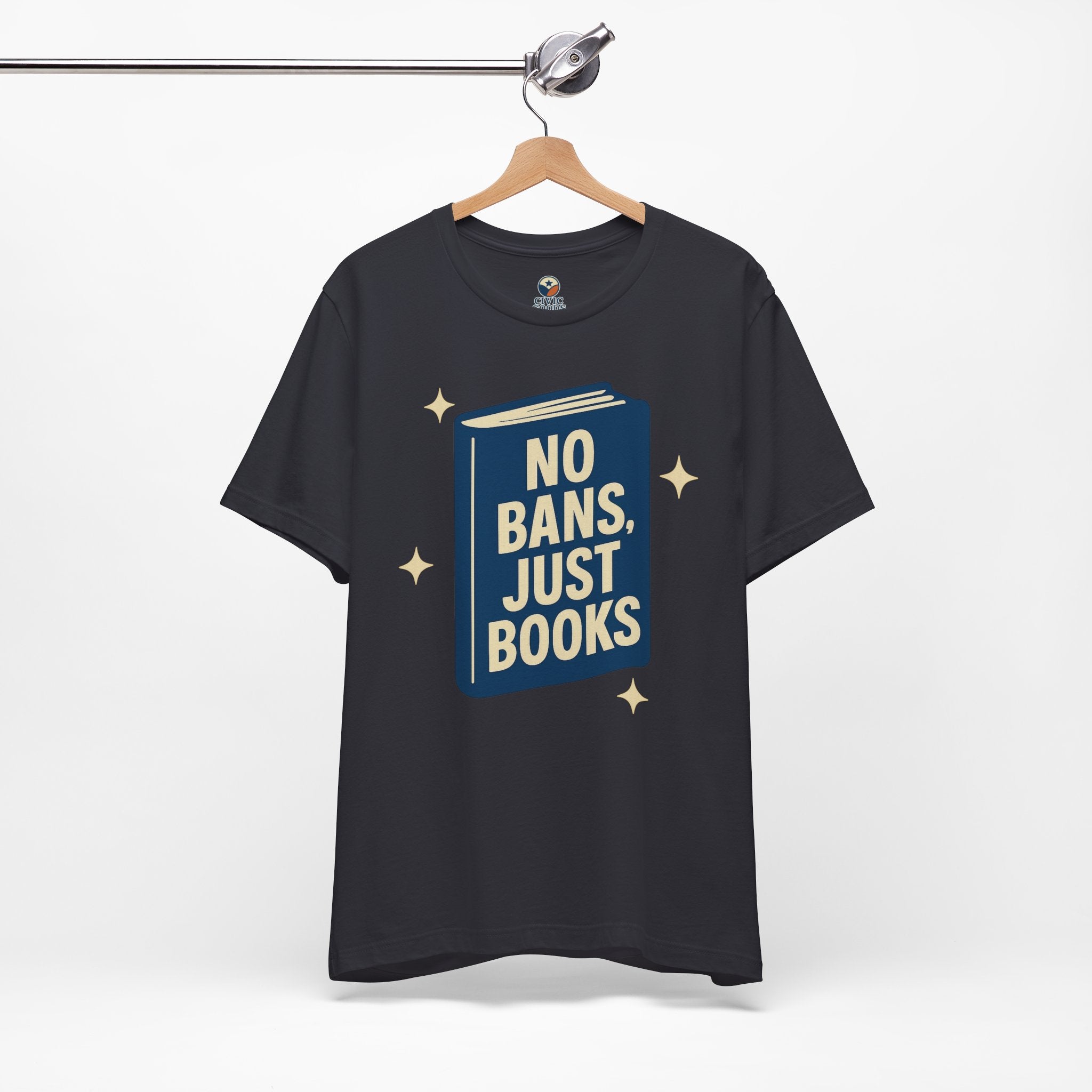 No Bans, Just Books tee  —  Dark gray-  accent — angled hanging
