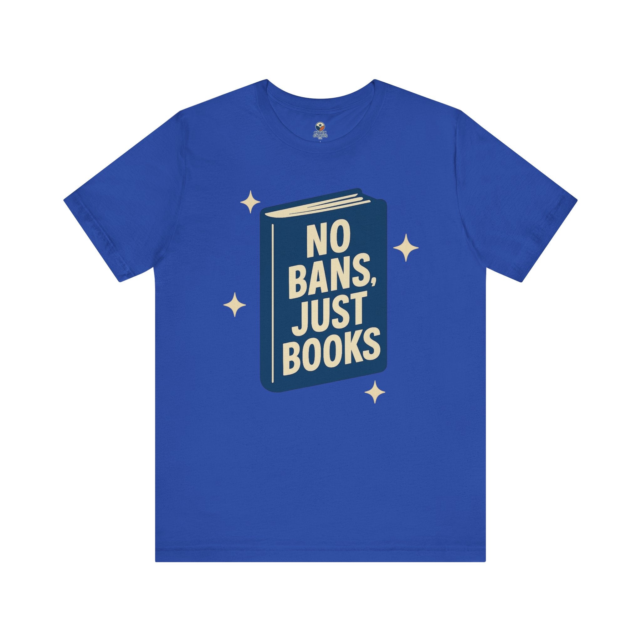 No Bans, Just Books tee  — True Royal - accent — angled flat lay
