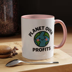 Planet Over Profits mug — 11oz — Pink - accent — angled lifestyle
