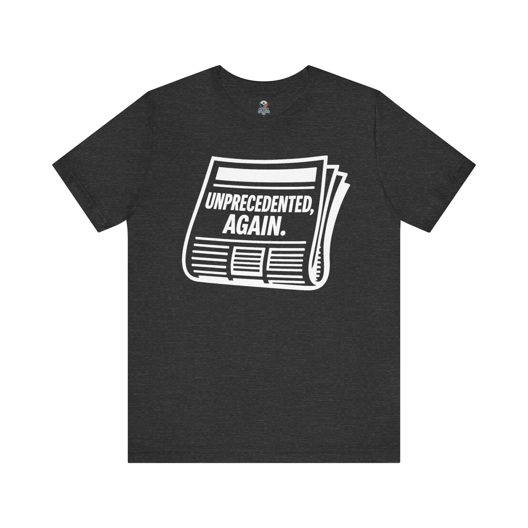 Unprecedented Again tee— Dark gray Heather -  accent — angled flat lay
