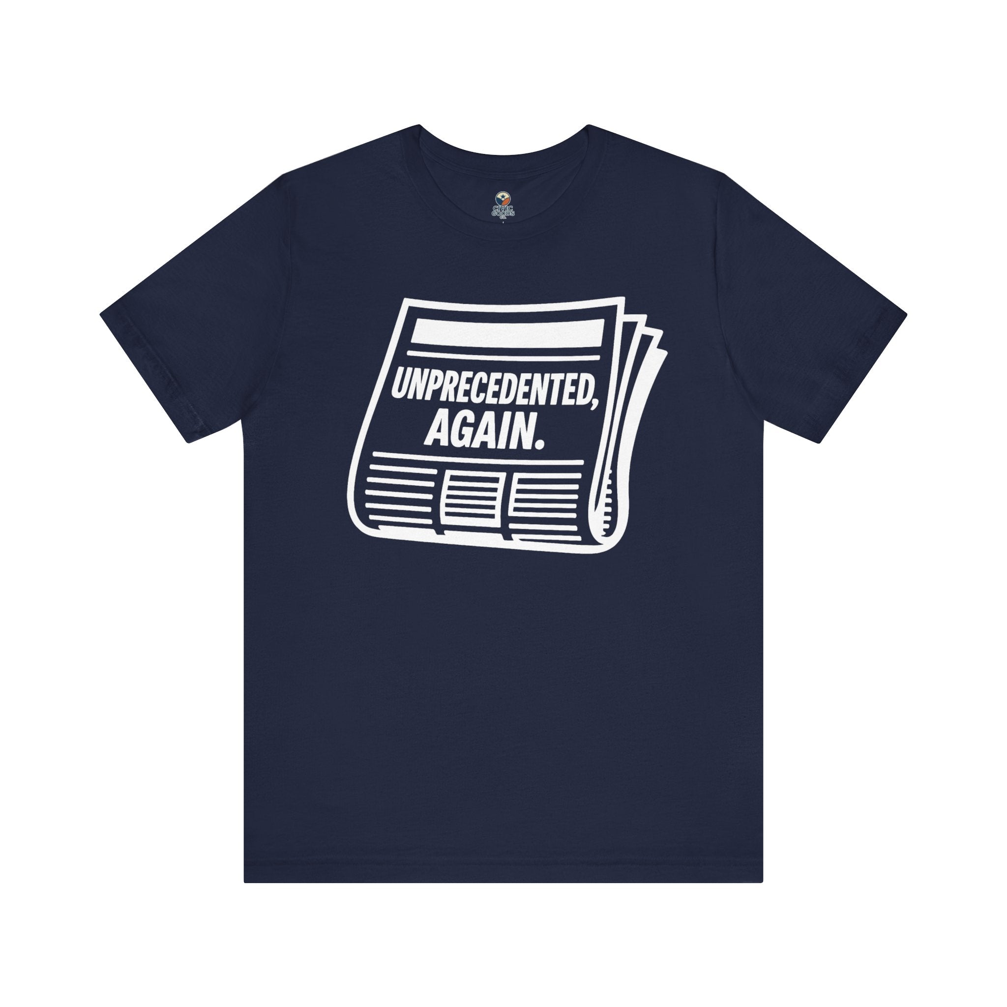 Unprecedented Again tee— Navy - accent — angled flat lay
