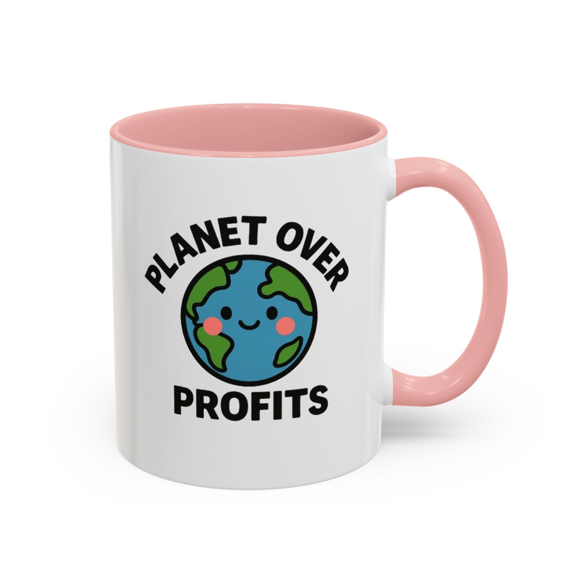 Planet Over Profits mug — 11oz — Pink - accent — angled flat lay
