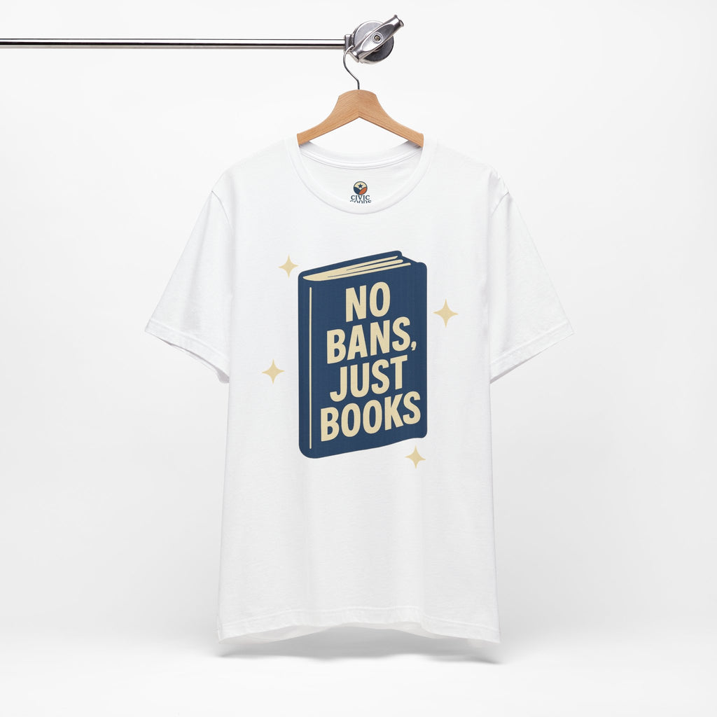 No Bans, Just Books tee — White  - accent — angled hanging
