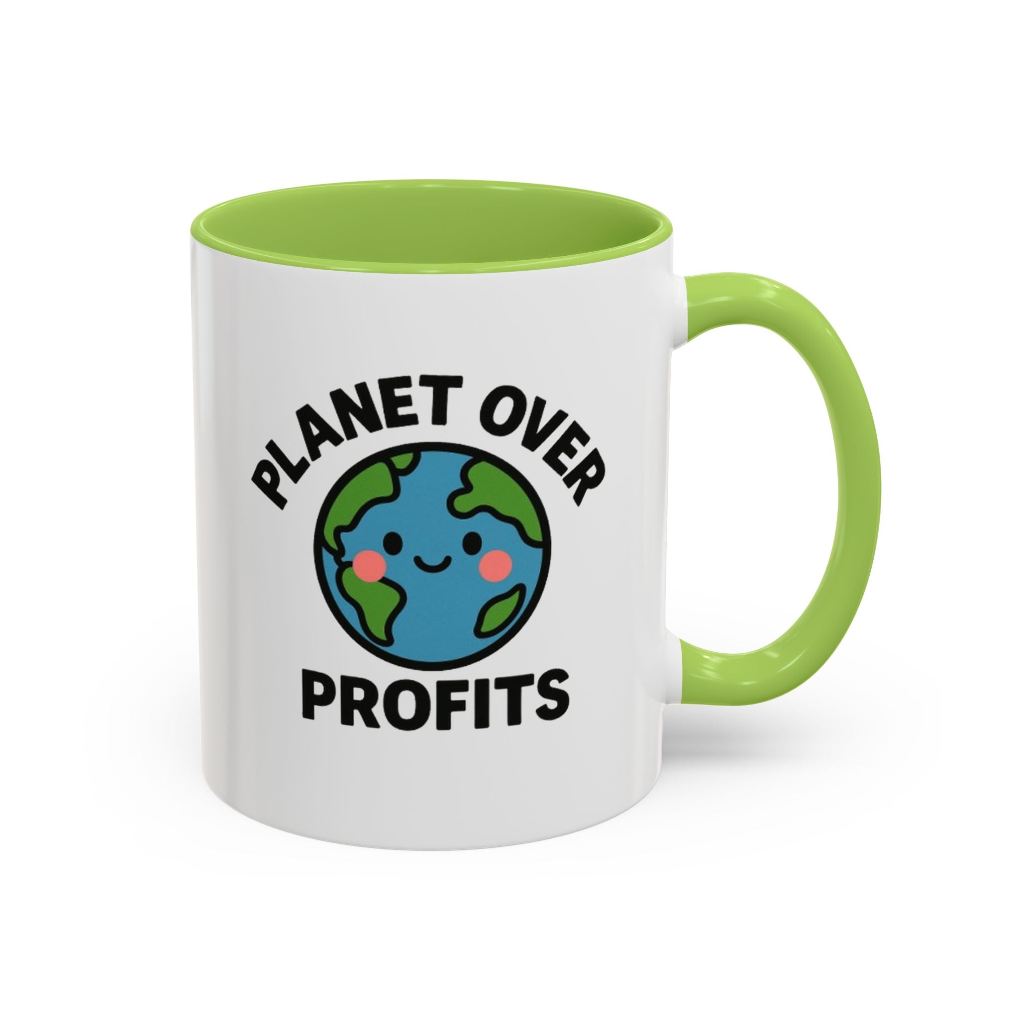 Planet Over Profits mug — 11oz — Light Green - accent — angled flat lay
