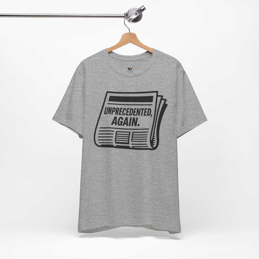 Unprecedented Again tee — Athletic Heather- accent — angled hanging
