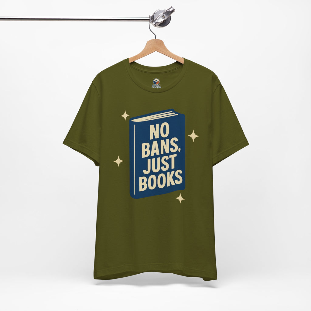 No Bans, Just Books tee — Olive  - accent — angled hanging
