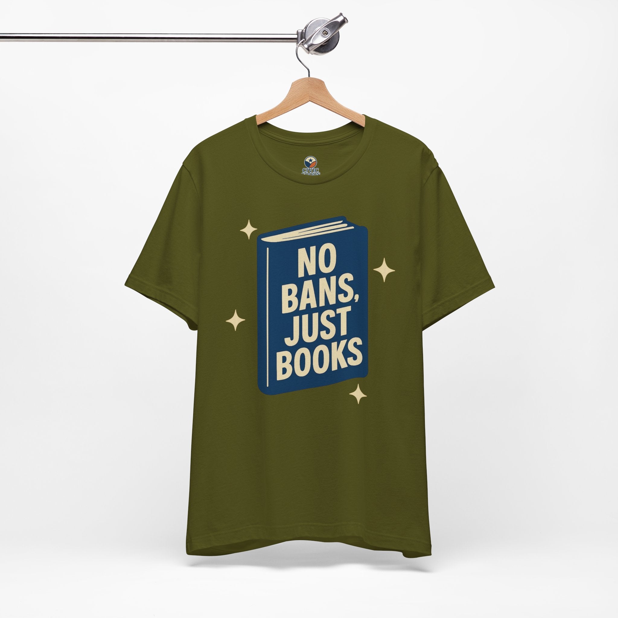 No Bans, Just Books tee — Olive  - accent — angled hanging
