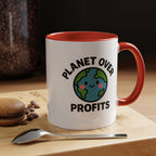 Planet Over Profits mug — 11oz — Red -  accent — angled lifestyle
