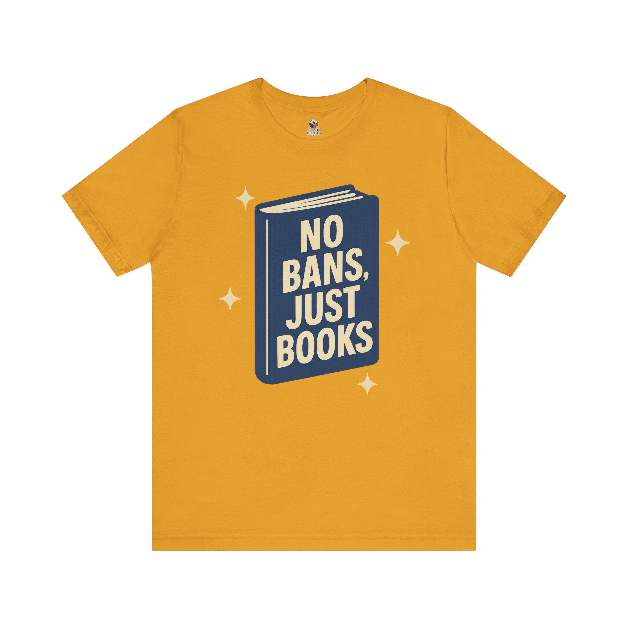 No Bans, Just Books tee  — Mustard - accent — angled flat lay
