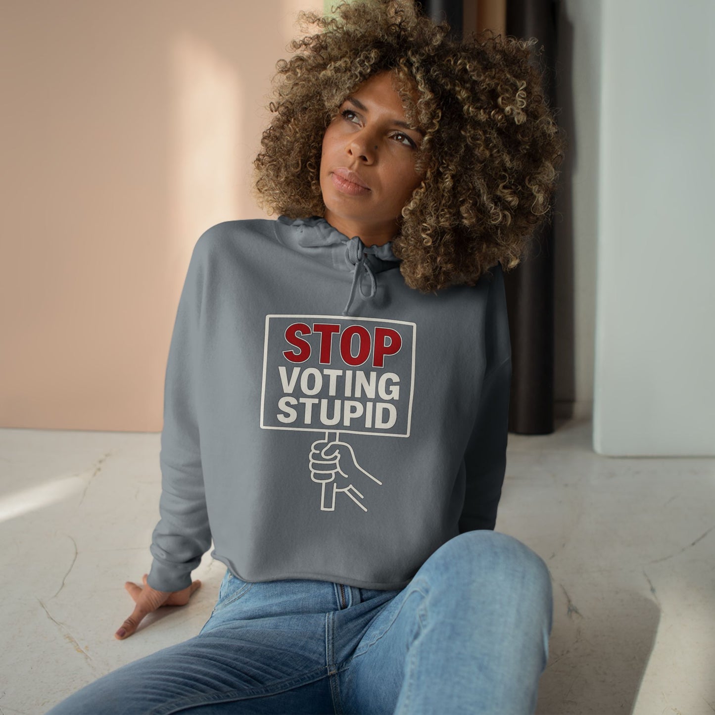 Stop Voting Stupid –  Unisex Cropped Protest Hoodie (Size XS-L)