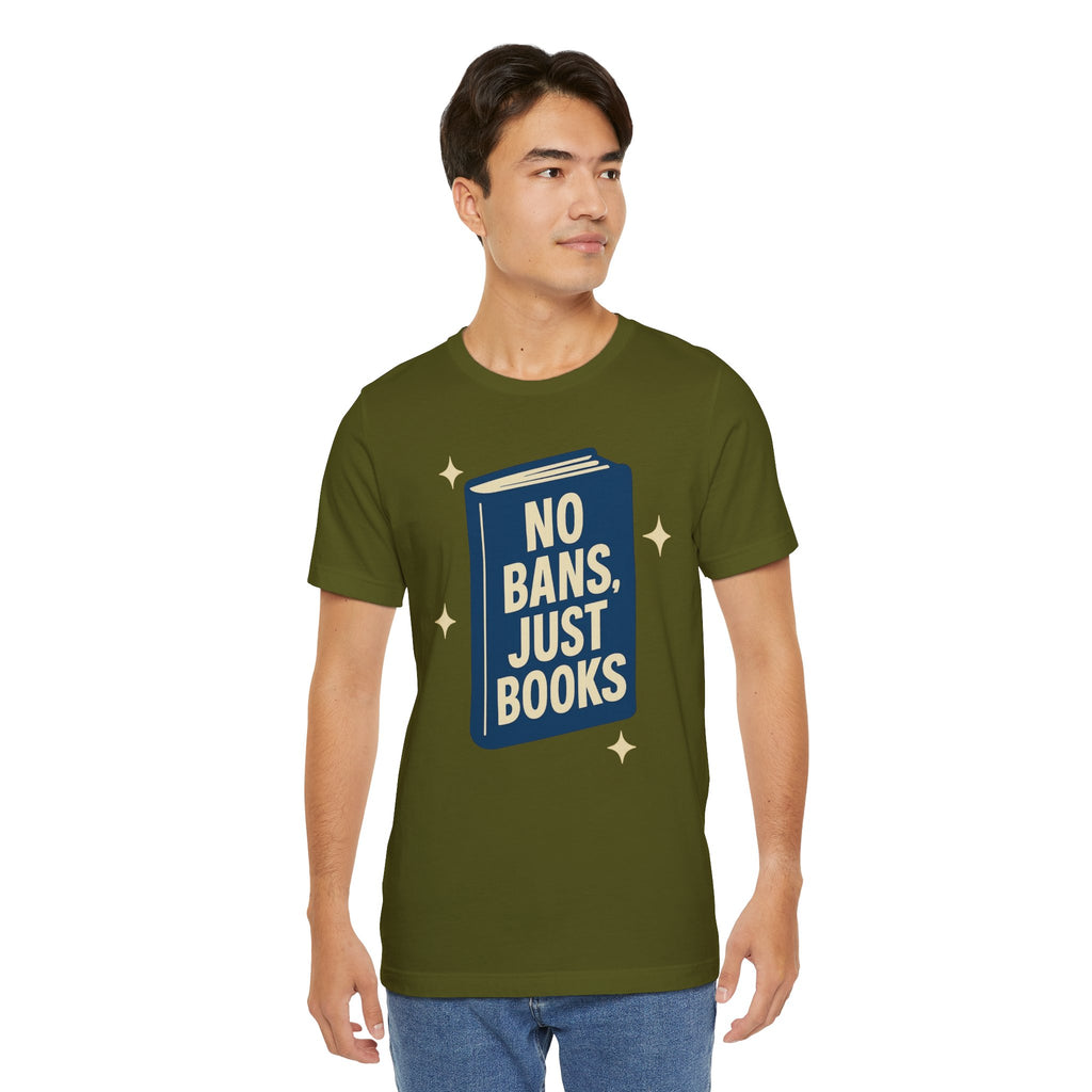 No Bans, Just Books tee  — Olive  - accent — angled lifestyle
