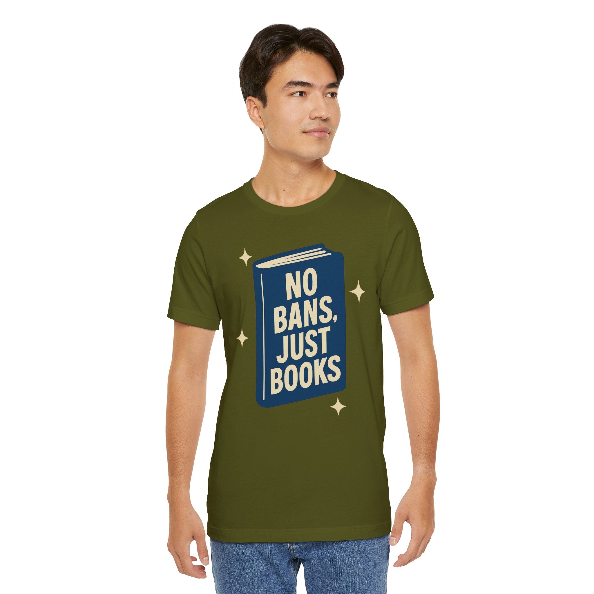 No Bans, Just Books tee  — Olive  - accent — angled lifestyle
