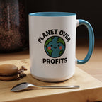 Planet Over Profits mug — 15oz — Light Blue - accent — angled lifestyle

