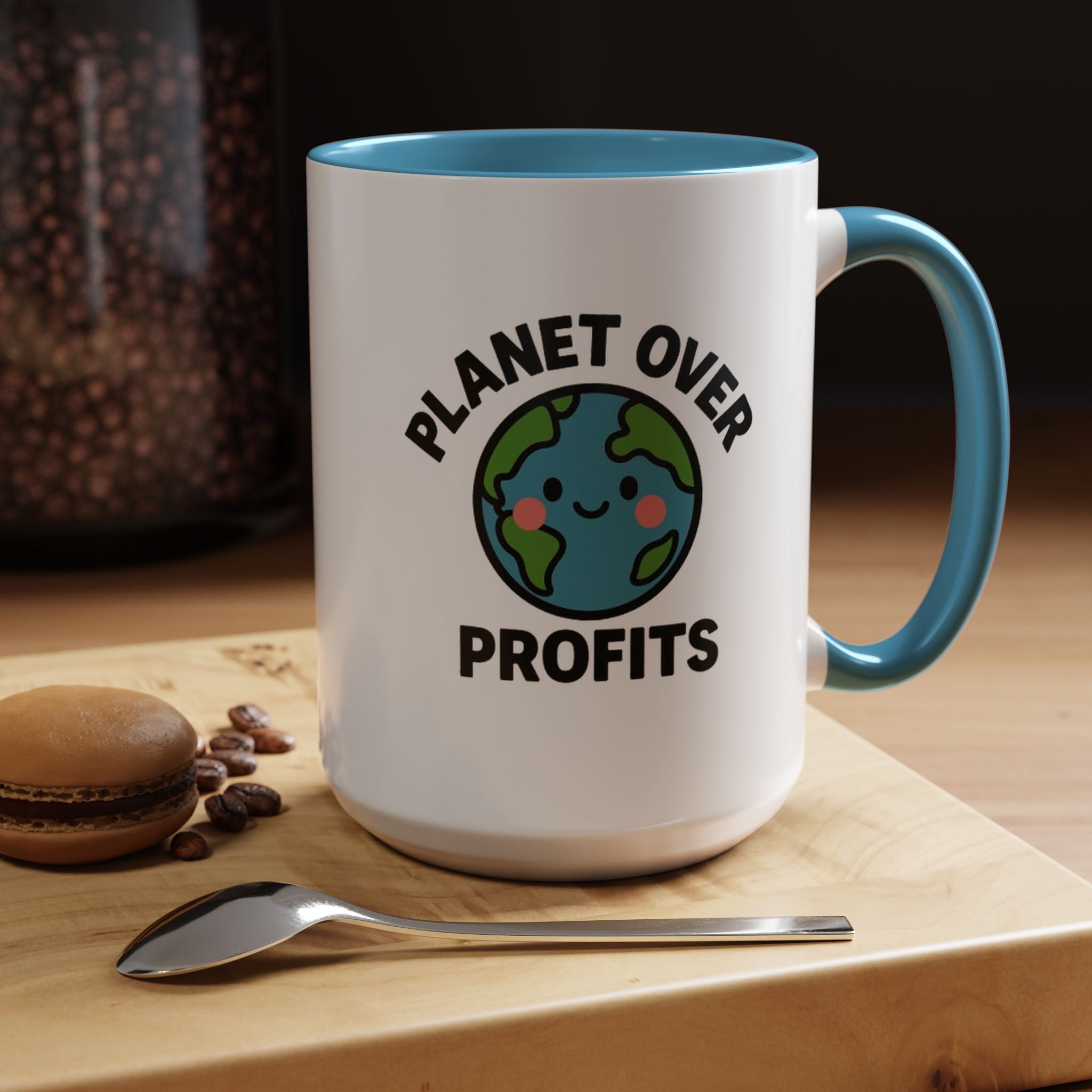 Planet Over Profits mug — 15oz — Light Blue - accent — angled lifestyle
