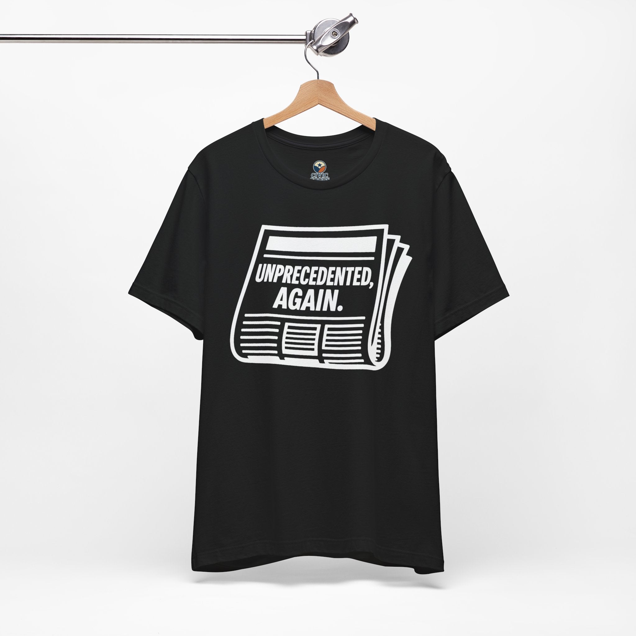 Unprecedented Again tee — Black - accent — angled hanging
