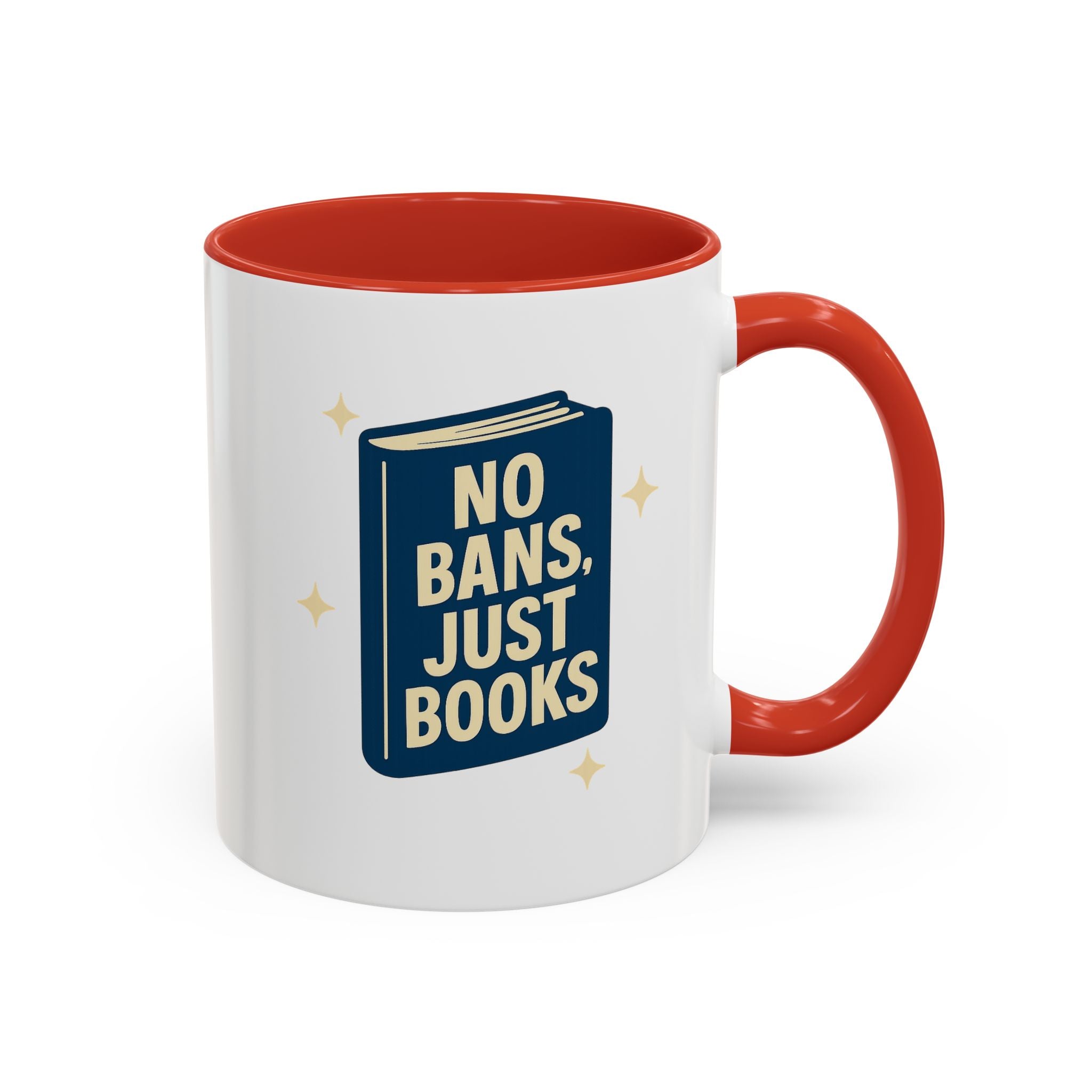 No Bans, Just Books  — 11oz — Red -  accent — angled flat lay
