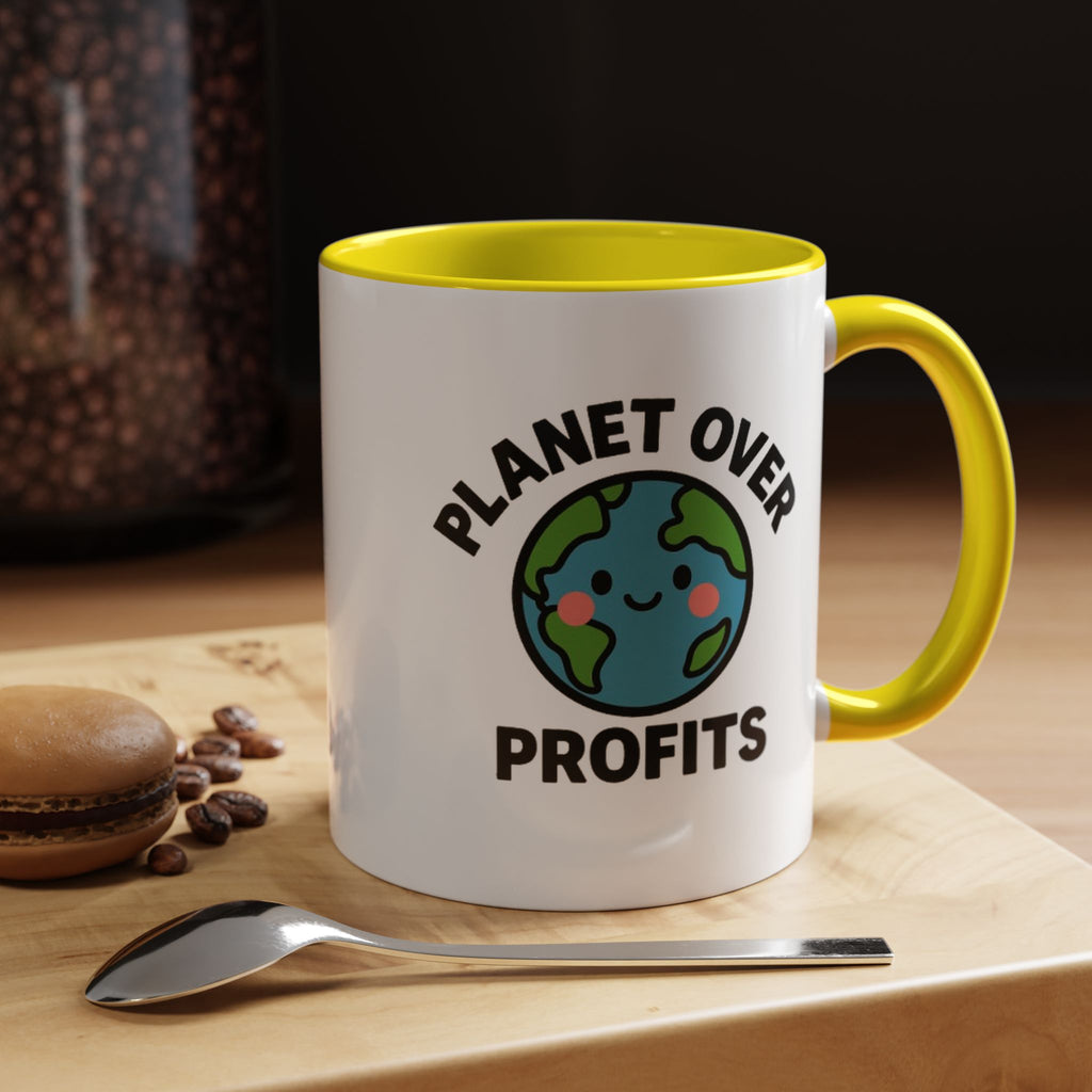 Planet Over Profits mug — 11oz — Yellow - accent — angled lifestyle
