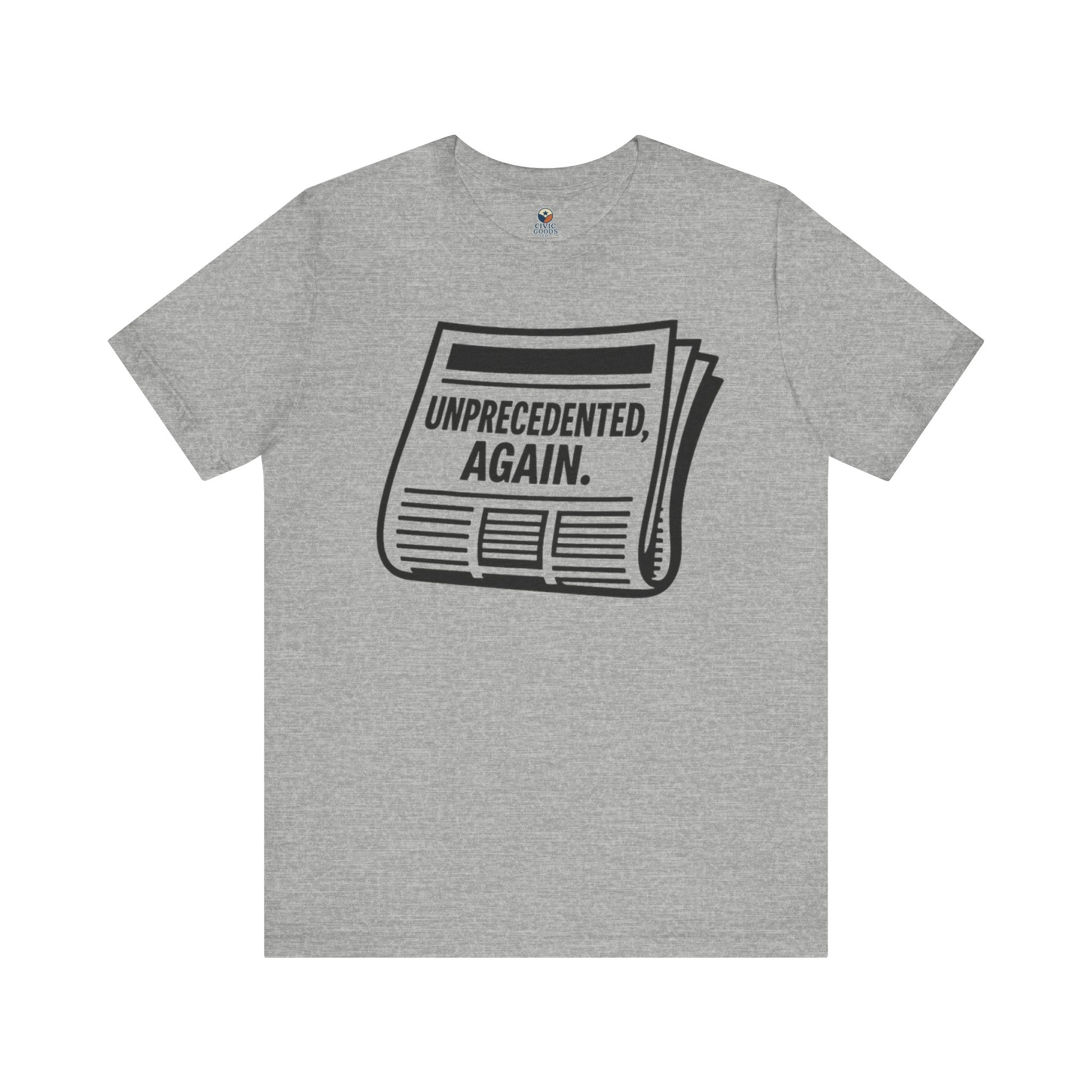 Unprecedented Again tee — Athletic Heather - accent — angled flat lay
