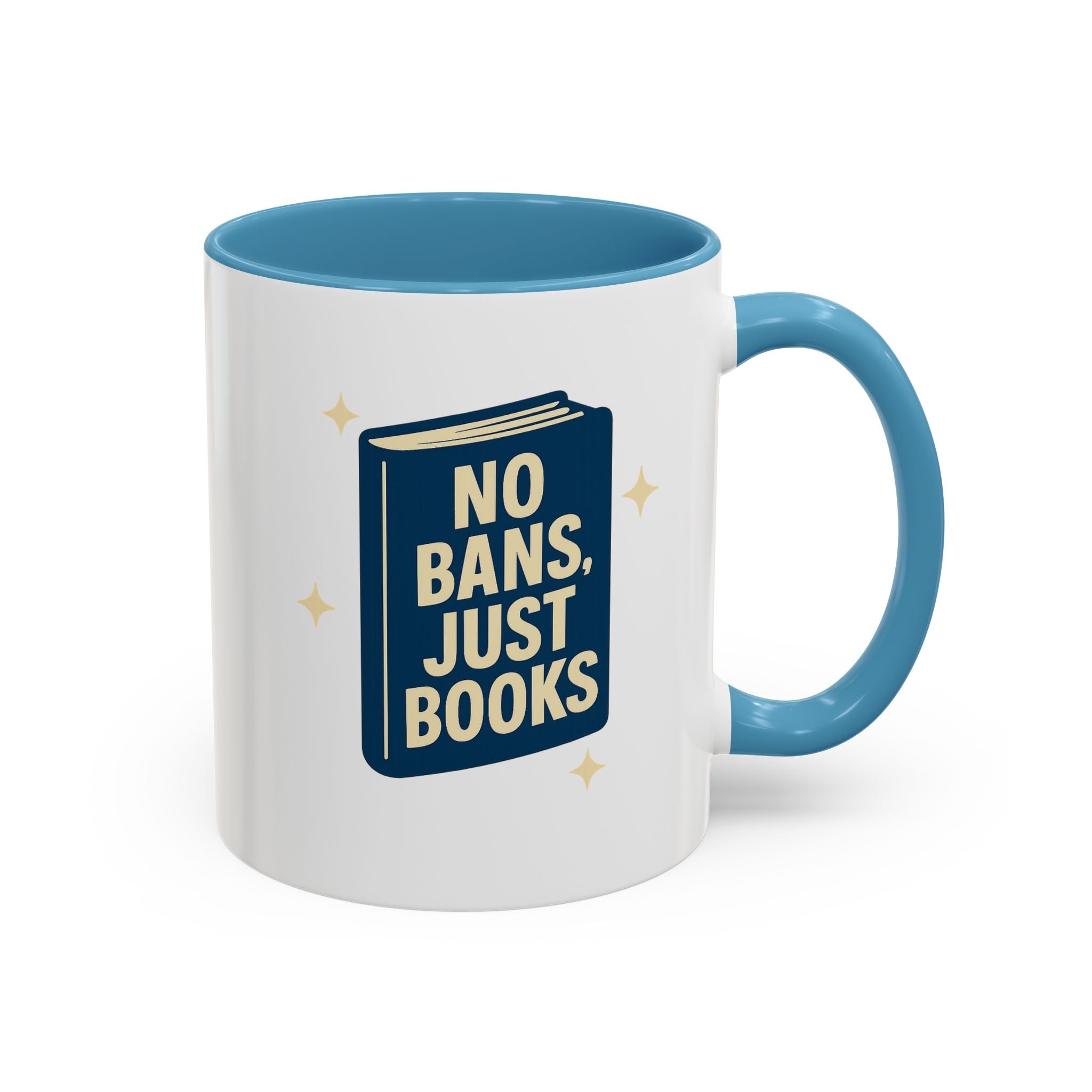 No Bans, Just Books  — 11oz — Light Blue - accent — angled flat lay
