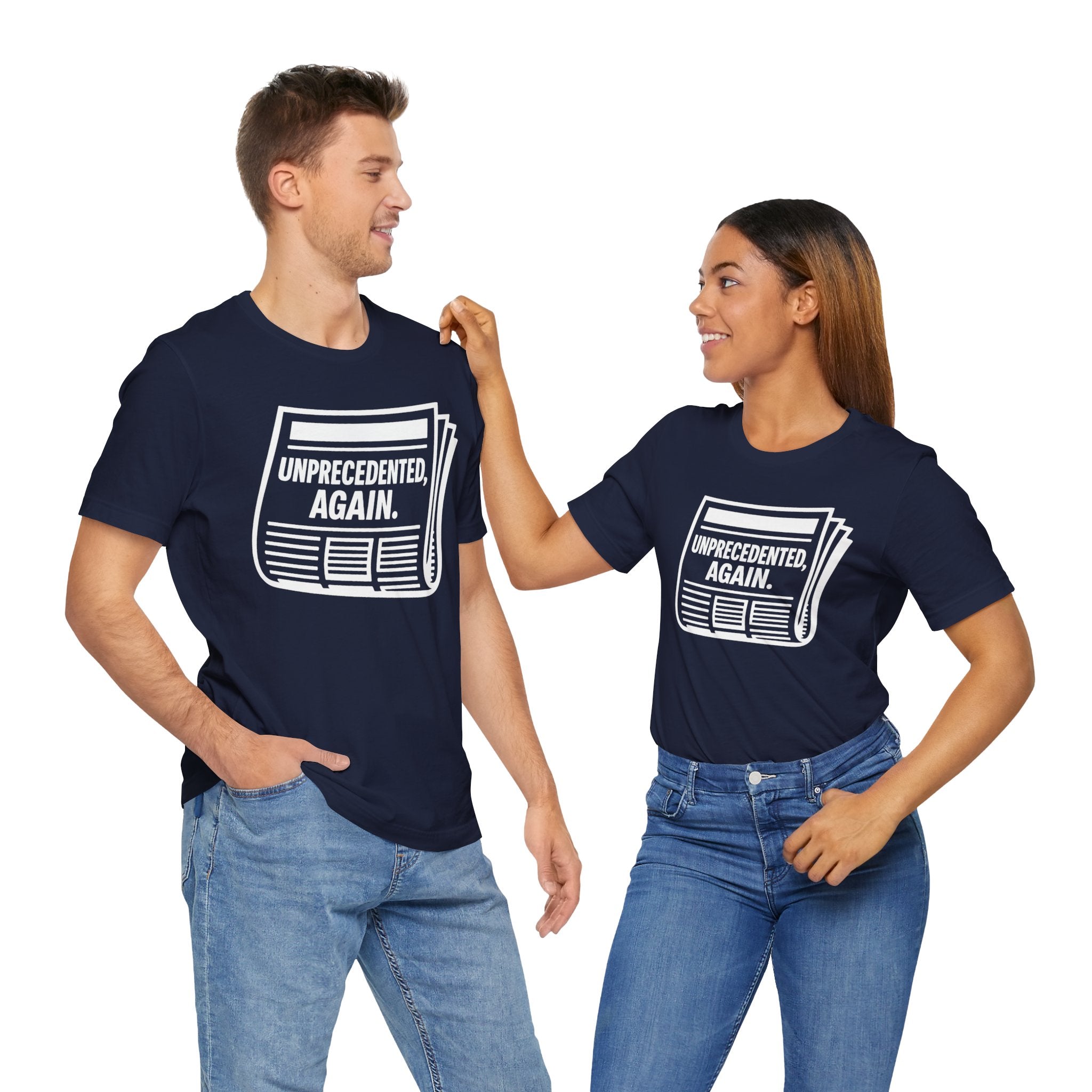 Unprecedented Again tee — Navy  - accent — angled Duo
