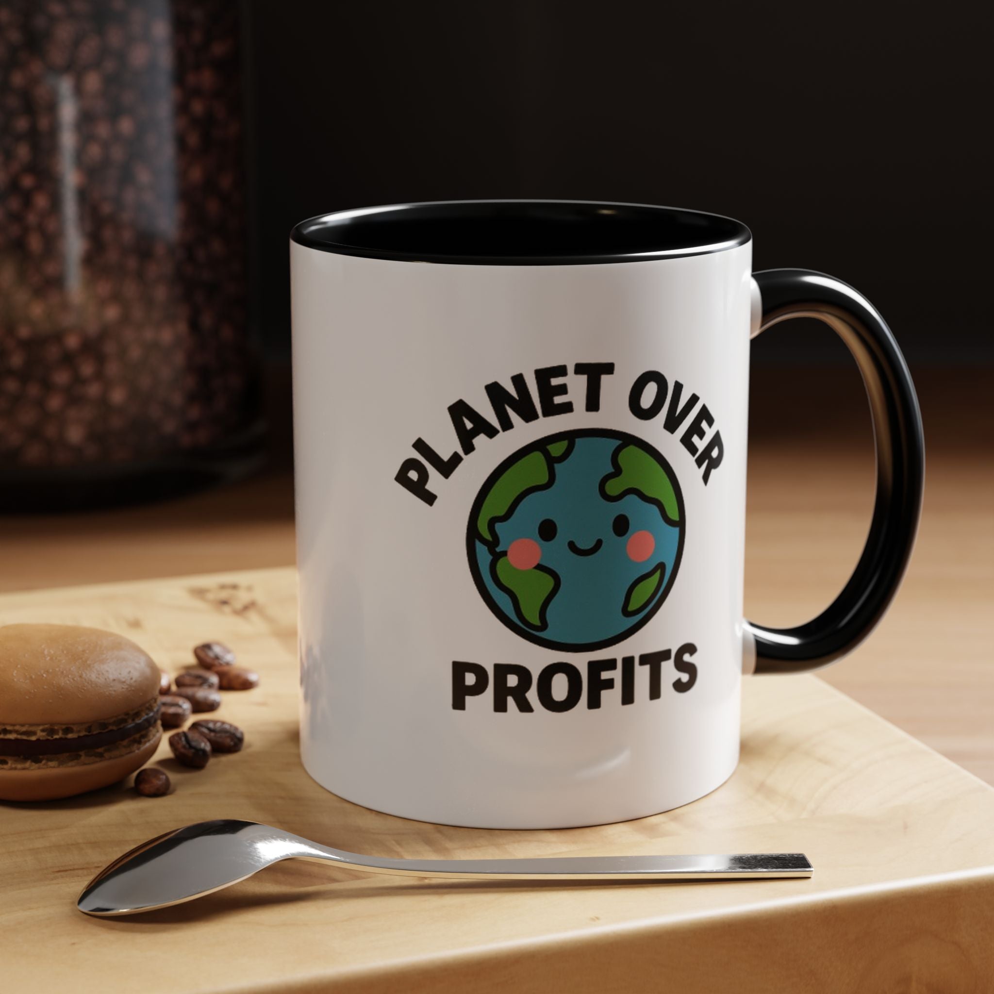 Planet Over Profits mug — 11oz — Black - accent — angled lifestyle
