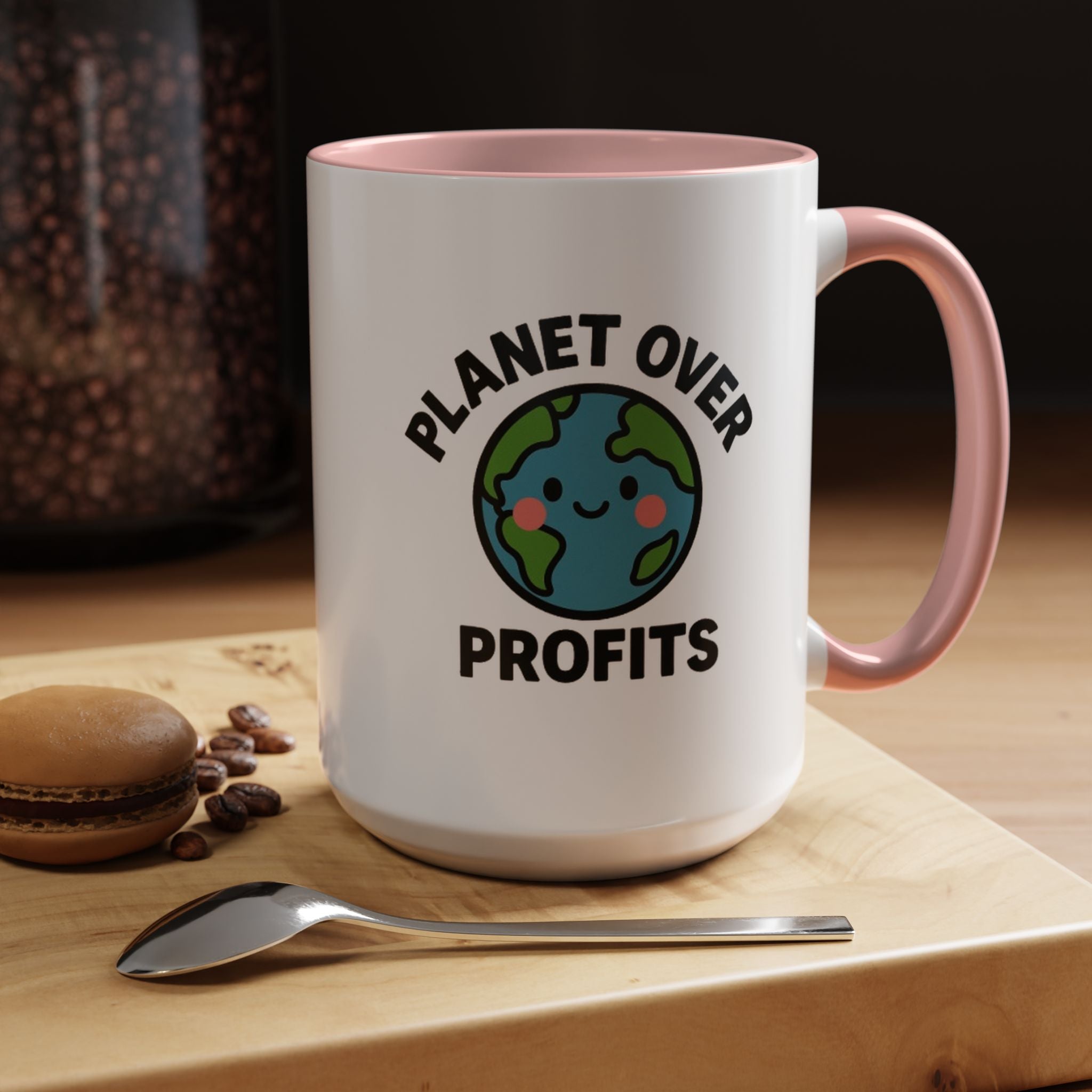 Planet Over Profits mug — 15oz — Pink - accent — angled lifestyle

