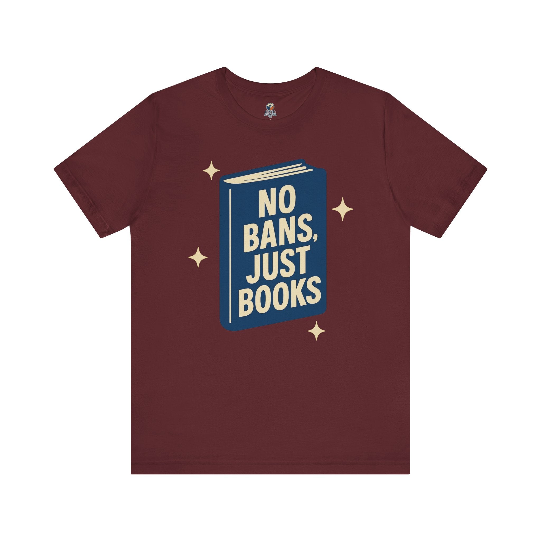 No Bans, Just Books tee — Maroon - accent — angled flat lay
